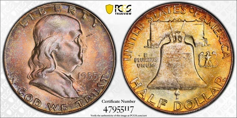 1955 FRANKLIN HALF DOLLAR ~ PCGS MS65 ~ BEAUTIFUL RAINBOW TONING Cover