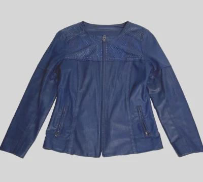 CHAQUETA NEIMAN MARCUS Mujer AZUL CUERO GENUINO CORTE LÁSER CREMALLERA PERFORADA Talla M Foto 1 de 4
