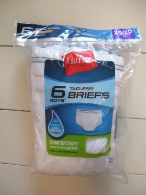 Boys Hanes 6 Pack 100% Cotton Tagless White Briefs Underwear Sz XS 4-5 - Image 1 of 2