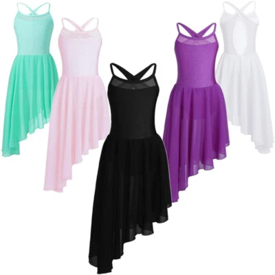 Kids Girls Leotard Dancewear Dress Ice Skating Skirt Performance Mesh Splice - Image 1 of 4