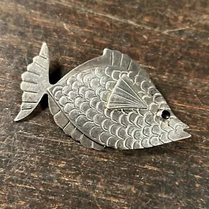 Vintage Jewelry Fish Brooch Pin 925 Sterling Silver Mexico Black Onyx Eye - Picture 1 of 14