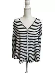 Arizona Jean Co Women's S Black & White Striped Button Front Long Sleeve Top - Picture 1 of 4