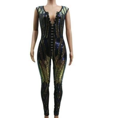 Mono de fiesta con botones de club ceñido al cuerpo de malla a rayas con lentejuelas para mujer #Q21 Foto 1 de 3