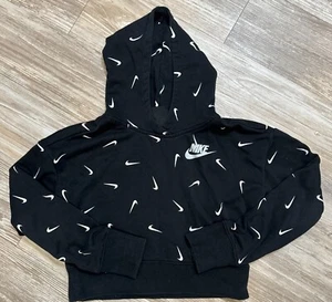 Nike Girls' Printed Crop French Terry Hoodie Sweatshirt Black White L - Picture 1 of 8