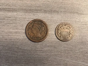1851 Braided Hair Large Cent 1C *PLUS* 1865 2 cent piece - Picture 1 of 2