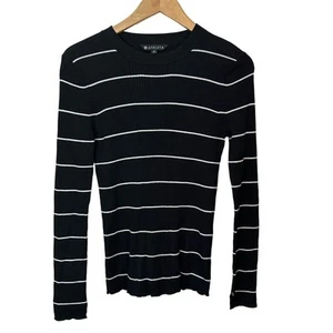 Athleta Bayside Ribbed Sweater Womens M Black White Striped Merino Wool Blend - Picture 1 of 5