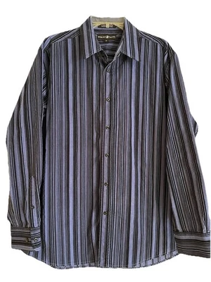 Camisa social masculina Beverly Hills polo clube tamanho XL azul com listras pretas de veludo - Imagem 1 de 4