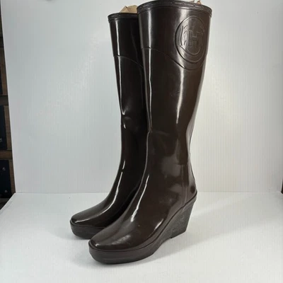 Hunter Champery Mujer US 6 Marrón Goma Pull-On Hasta la Rodilla Tacón de Cuña Bota de Lluvia Foto 1 de 4