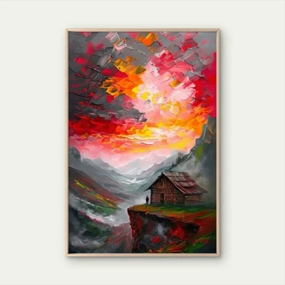 Vibrant Sunset Mountain Landscape Cabin Poster Premium Quality Choose Your Size - Image 1 of 4