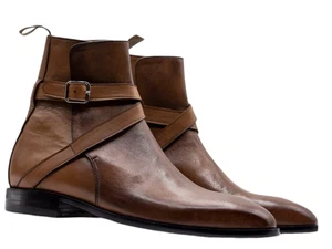 Handmade Men Brown, Blue, Black Jodhpurs Leather Ankle High Buckle Boots For Men - Picture 1 of 7