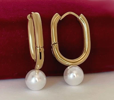 Luxus Perlen Ohrringe Creole Edelstahl 585er Rolled Gold 14K vergoldet 23mm - Bild 1 von 4