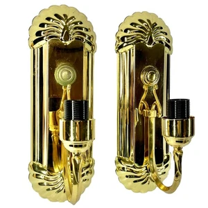Pair Of Gold Tone Wall Mount Sconce Lamp Art Deco Hollywood Regency 14” Tall - Picture 1 of 9