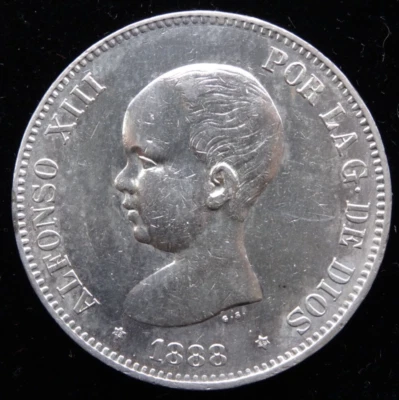 1888 M Spain 5 Pesetas Silver Coin Alfonso XIII 1st Portrait  .900 Fine KM #689 - Image 1 of 2