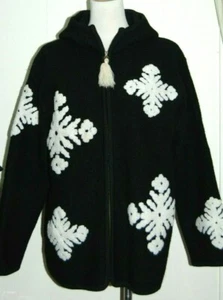 Lisa Boiled Wool Black White Snowflake Hooded Zip Cardigan Sweater Coat Medium - Picture 1 of 4