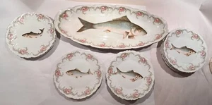 20” LS&S Carlsbad Austria Painted Floral & Fish Serving Platter & 8 Plates - Picture 1 of 12