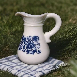 Avon White & Blue Milk Glass Floral Pitcher 4.25"H Replacement 1970's - Picture 1 of 7