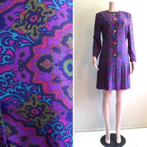 Vintage 90s does Retro 60s Leslie Fay Mini Dress 8 M Purple Poly Mad Men Joan - Bild 1 von 10