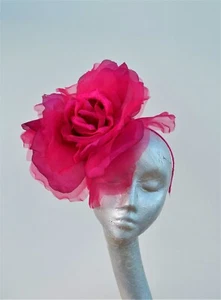 LARGE 12" DIAMETER SILK FLOWER FASCINATOR FUSCHIA PINK WEDDING ASCOT - Picture 1 of 5