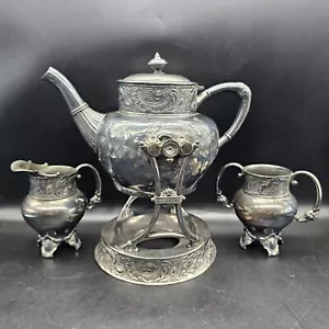 Antique James Tufts Tilting Tea Pot With Burner Creamer Sugar - Picture 1 of 24
