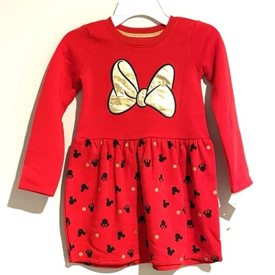 NUEVO Vestido Disney Talla 5 Niñas Minnie Mouse Lazo Lunares Manga Larga Rojo Foto 1 de 4