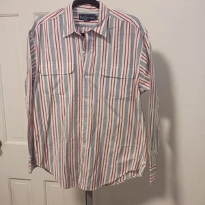 Camisa Ralph Lauren Para Hombre Rojo Azul Blanco Rayas Manga Larga Abotonada Talla 12 - Imagen 1 de 5