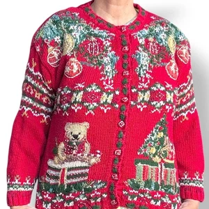 Cárdigan de Navidad Internacional Tiara Y2K de Colección Tejido Rojo Oso de Peluche Árbol Acogedor - Imagen 1 de 12