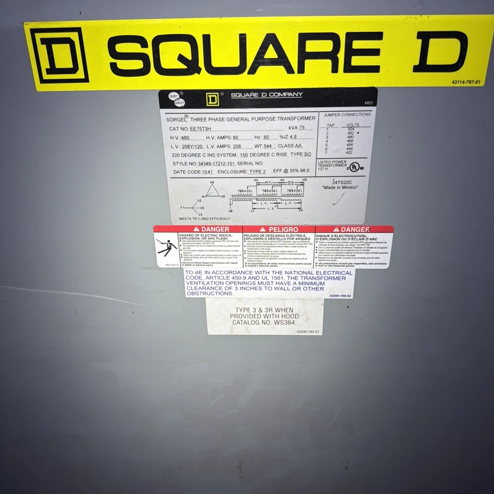 Transformador Square D 75kVA 480V 208Y/120 3P 3W EE75T3HF 🟦 - Imagem 1 de 4