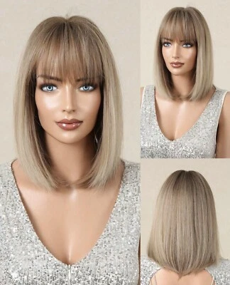 Perruque Synthétique Courte Carré Blond Doré Or Wig Avec Frange Femme +4 Bonnet - Photo 1/4