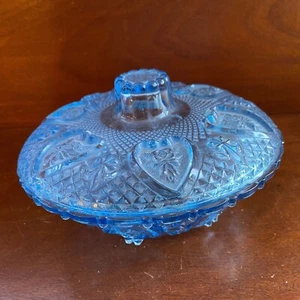 Vintage covered blue bowl with lid glass blue decoration candy dish  container - Picture 1 of 7