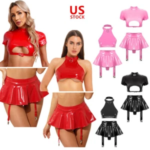 Sexy Womens Outfits Patent Leather Lingerie Set Wet Look Metallic Clubwear Shiny - Picture 1 of 65