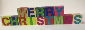 Merry Christmas Wood Building Blocks Spell Out Glitter Letters 14 piece set - Picture 1 of 12