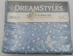 Komplettes Lakenset 4-teilig Double "Schmetterling Spitze" DreamStyles blau Dacron USA NOS  - Bild 1 von 6
