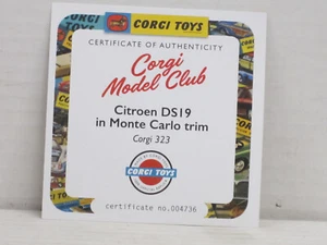 Zertifikat / Certificate of Authenticity Citroen DS 19 Corgi 323 Re-Issue - Bild 1 von 2