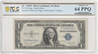 Fr. 1616 1935G $1 Silver Certificate No Motto PCGS Choice UNC 64 PPQ C-J Block - Image 1 of 2