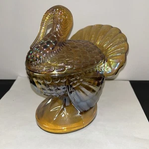 Vintage LE Smith bernsteinfarben irisierendes Glas Truthahn auf einem Nest bedeckt Schale - Bild 1 von 10