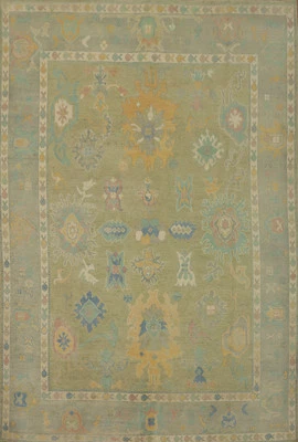 Vegetable Dye Green Oushak Turkish Rug 8x10 Ft Handmade Transitional Area Rug - Image 1 of 4
