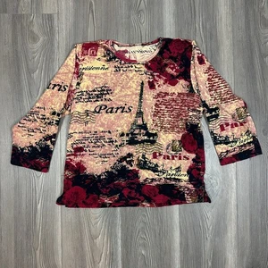 Y2K Paris Eiffel Tower Beaded Embellished 3/4 Sleeve Top Red Black Gold - Picture 1 of 6