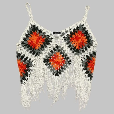 Camiseta sin mangas VIVIDA de ganchillo para mujer L abuela flecos cuadrados festival hippy boho corta Foto 1 de 4