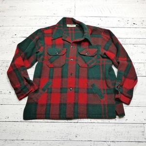 Vintage LL Bean Jacket Mens Medium Red Green Plaid Wool Shirt Made in USA 80s - Picture 1 of 7