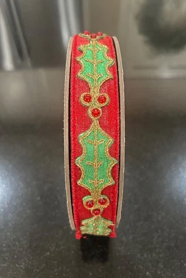 GORGEOUS! d.stevens Holly Jeweled Metallic Dupioni Fine Ribbon Red/Gold/Green - Image 1 of 3