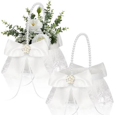 Комплект из 2 свадебный цветок девочка корзина с жемчуг ручки слоновой кости белый кружевной бантно... - Изображение 1 из 4