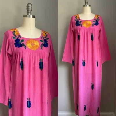 Vintage 70’s Pink Embroidered Floral & Butterflies Gauze Maxi Dress India XS/S - Image 1 of 4
