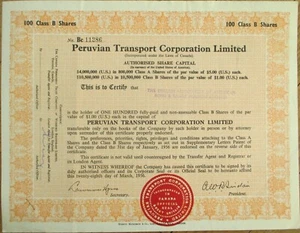 Peru, Südamerika 1956 Aktienzertifikat Peruvian Transport Corporation orange - Bild 1 von 1
