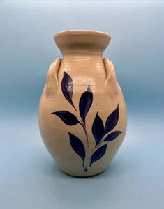 Williamsburg Pottery Handled Pot Vase Stoneware Salt Glazed Blue Floral Leaf - Picture 1 of 8