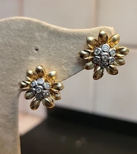 14k Yellow Gold Bezel Set Diamond Flower Omega Back Stud Earrings - Picture 1 of 5