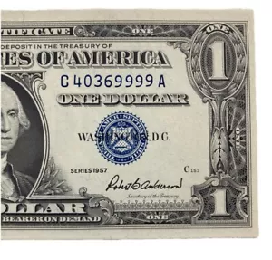 $1 Uncirculated Silver Certificate C 40369999 A Blue Seal Series 1957 A - Picture 1 of 3