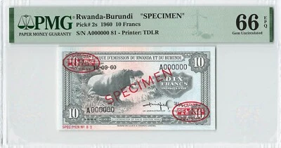 RWANDA BURUNDI 10 Francs 1960, P-2s TDLR SPECIMEN, PMG 66 EPQ Gem UNC, Rare Type - Image 1 of 2