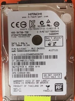 ⭐️⭐️⭐️⭐️⭐️ HDD Hard Drive SATA Laptop 2.5" Hitachi HTS547575A9E384 750GB J15343 - Image 1 of 2