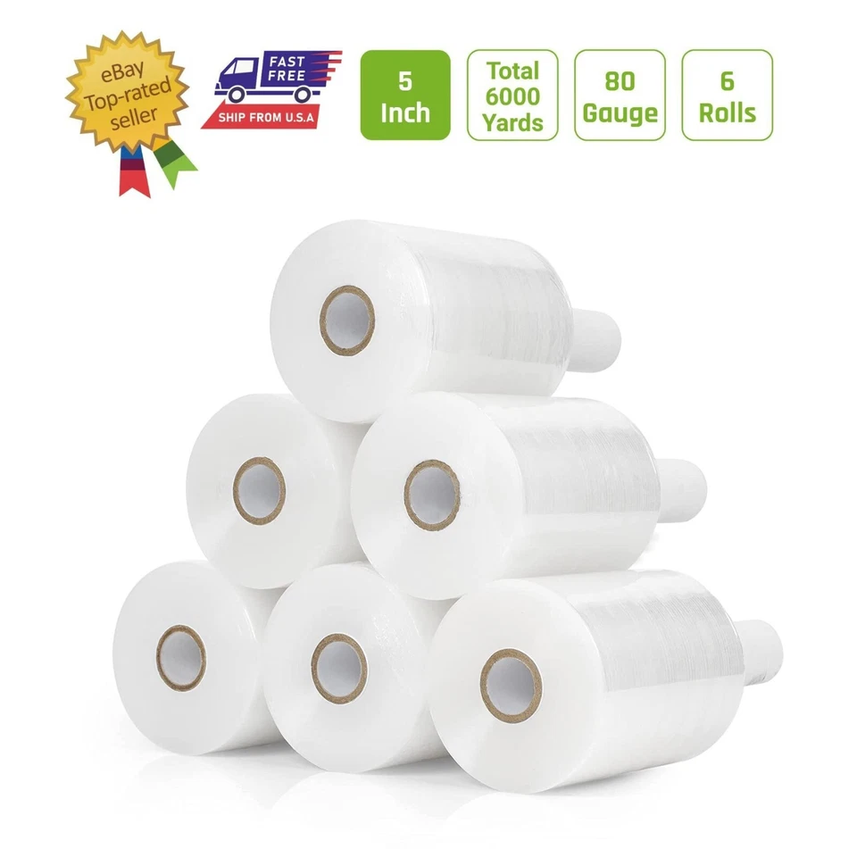 6 Rolls Pack - 5" inch Mini Stretch Film Wrap 1000 Feet 5 Layers 80 Gauge, Clear - Image 1 of 3