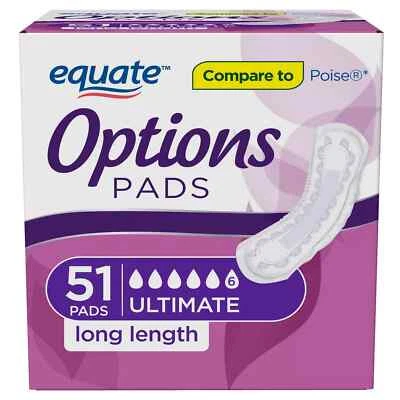 Equate Options Women's Incontinence Pads, Ultimate Absorbency, Long Length 51 Ct